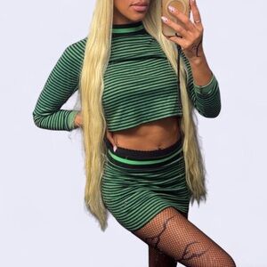 Striped Green Longsleeve Crop Top & Micro skirt set